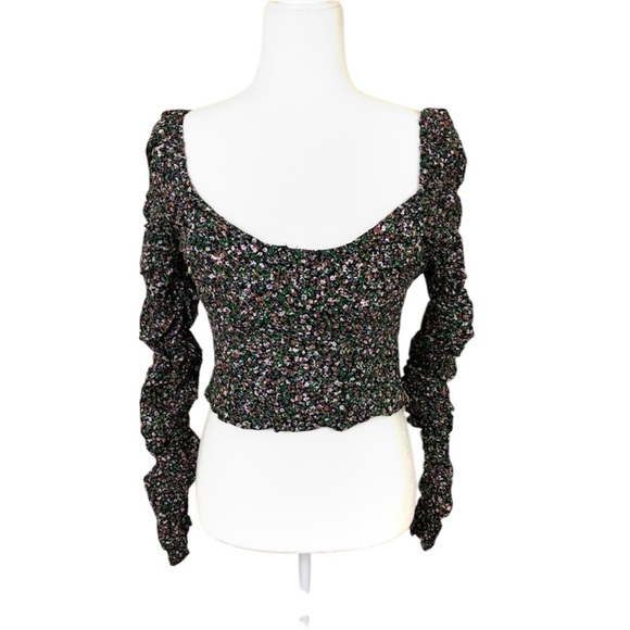Astr Multicolor Floral Ruched Long Sleeve Sweetheart Neck Cropped Top (M) - - Picture 2 of 14